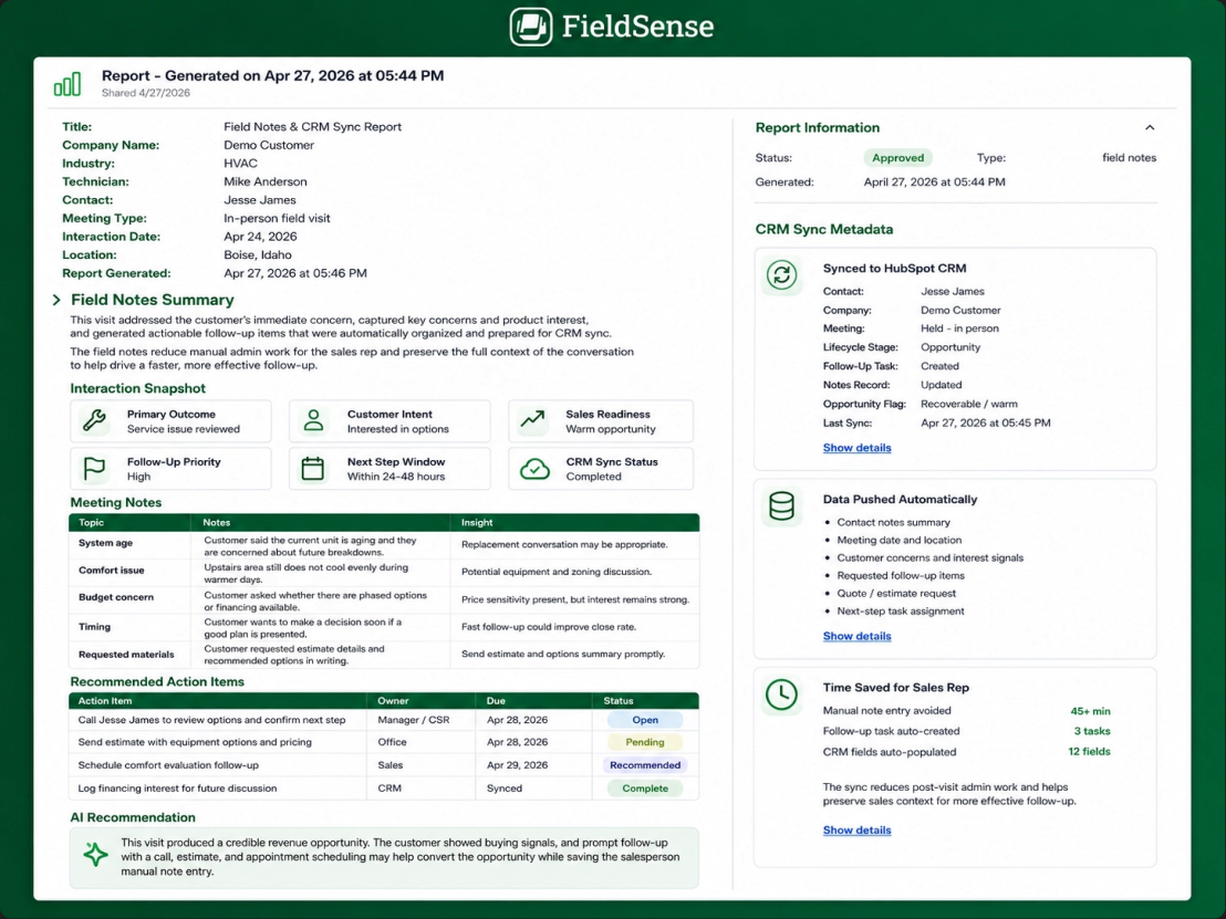 FieldSense — appointment report with coaching insights