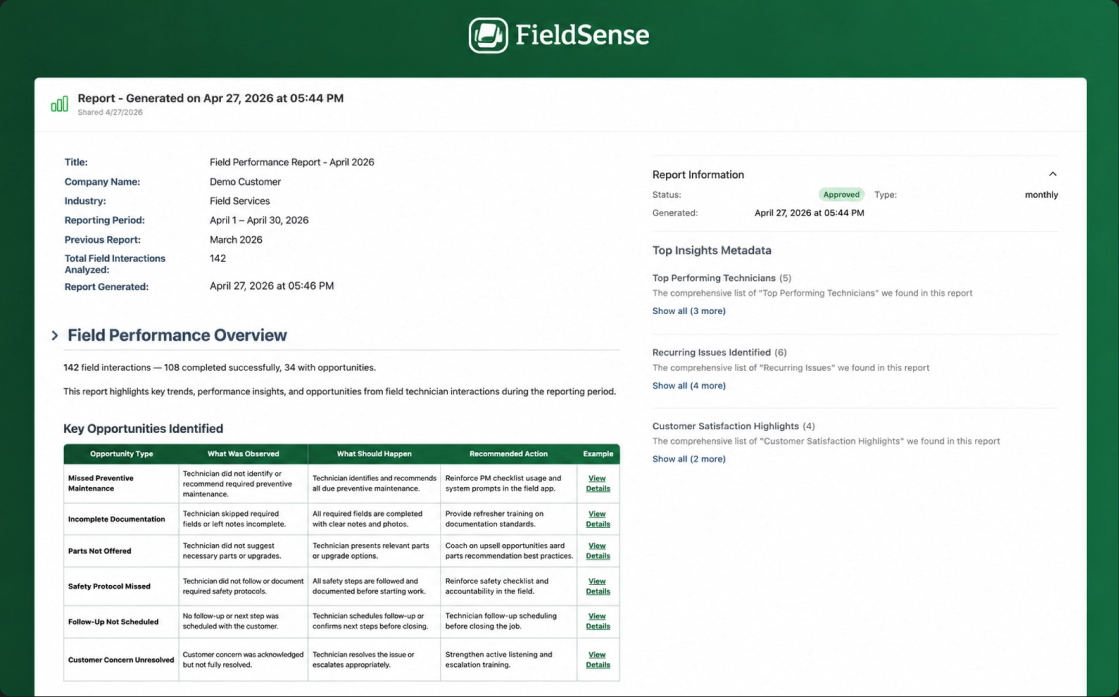 FieldSense — report detail with objections and commitments