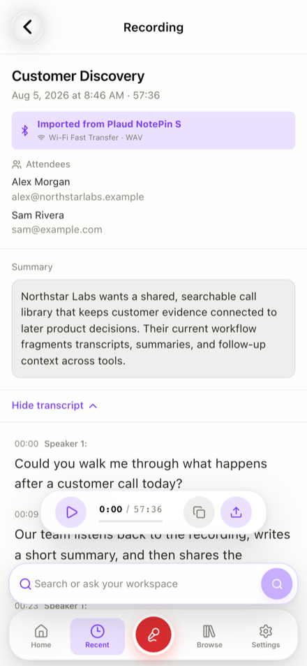 BuildBetter app — recording detail with summary and full transcript