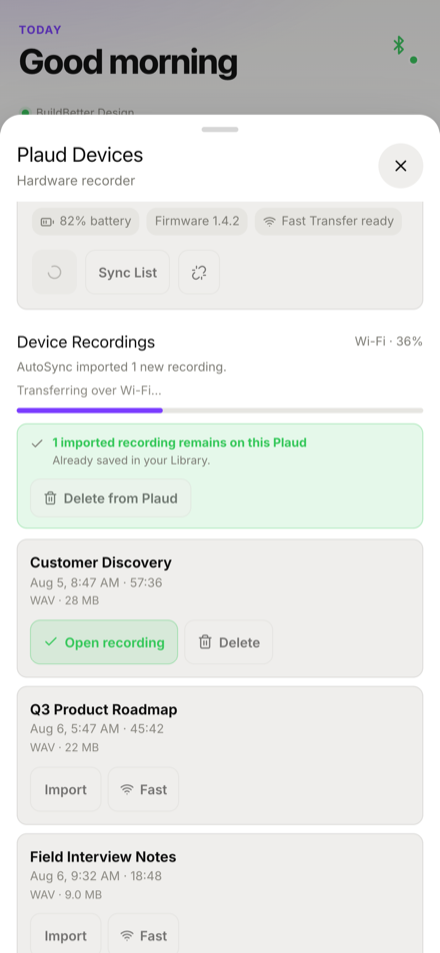 BuildBetter app — importing recordings from a connected Plaud device