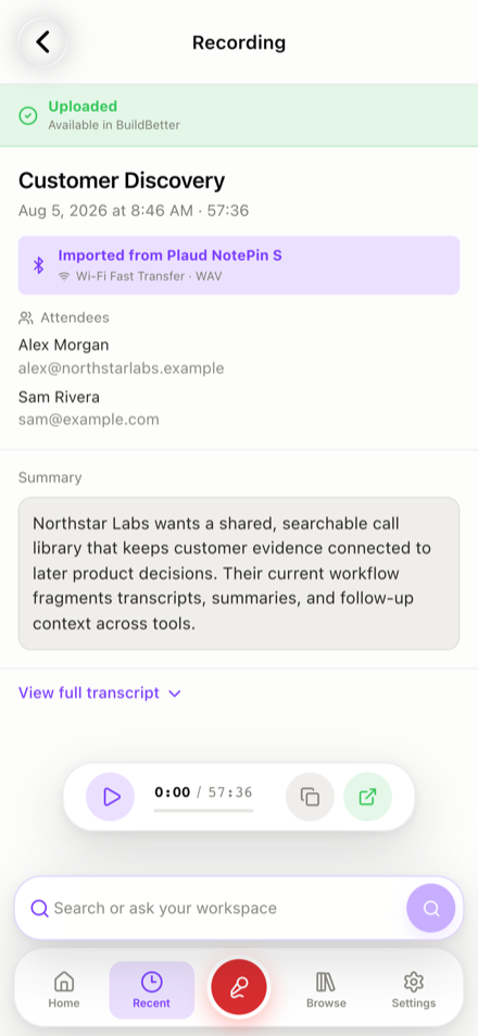 BuildBetter app — an imported Plaud recording uploaded to BuildBetter