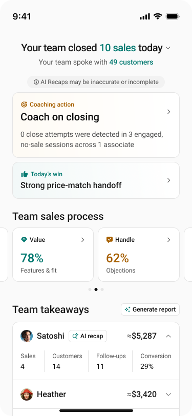 FrontlineIQ app — manager home with the team’s sales and coaching actions