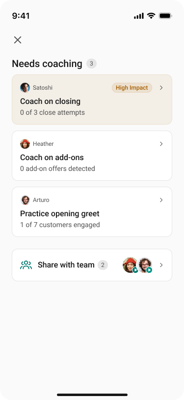 FrontlineIQ app — reps who need coaching, with what to coach each one on