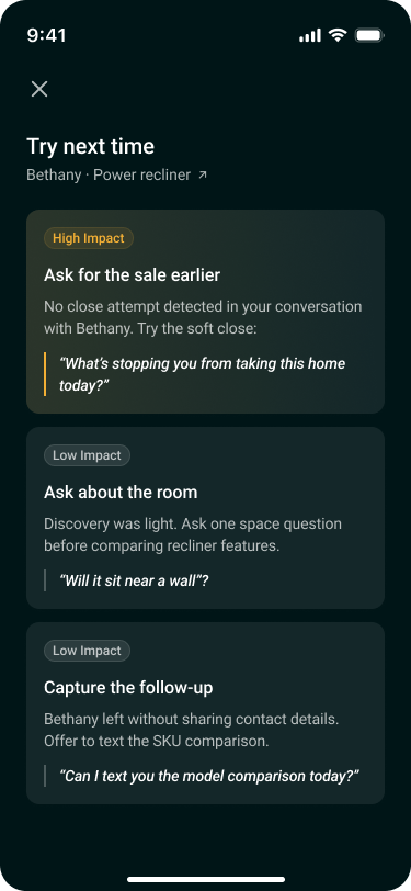 FrontlineIQ app — a coaching exercise for the rep to try