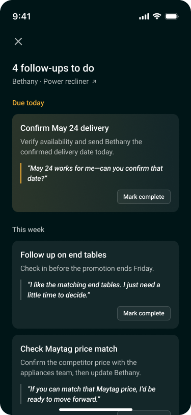 FrontlineIQ app — session summary with promised follow-ups