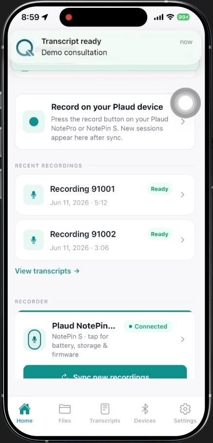 PatientQ app — transcript list of recorded consultations