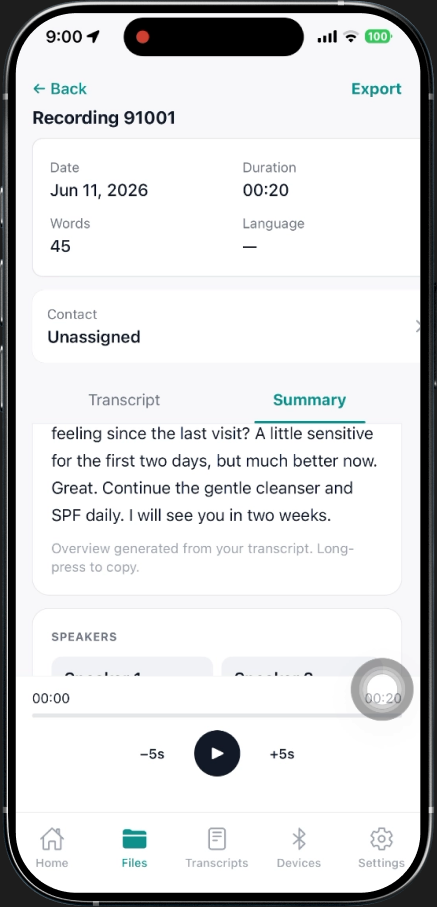PatientQ app — recording detail with playback and summary