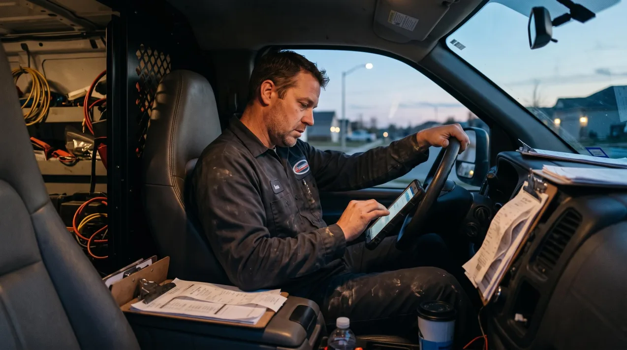 A field service technician in a work shirt sits in the driver’s seat of a van at dusk, typing on a tablet, with paper work orders clipped to the dashboard and tools and cables stored behind him.