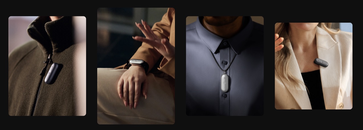 Four close-up photos of people wearing Plaud recording devices — clipped to a fleece jacket, worn on the wrist, on a lanyard over a shirt, and pinned to a blazer lapel.