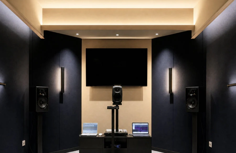 Plaud’s acoustic test chamber: a sound-treated room with studio monitors, a centered reference speaker, and laptops running measurements.