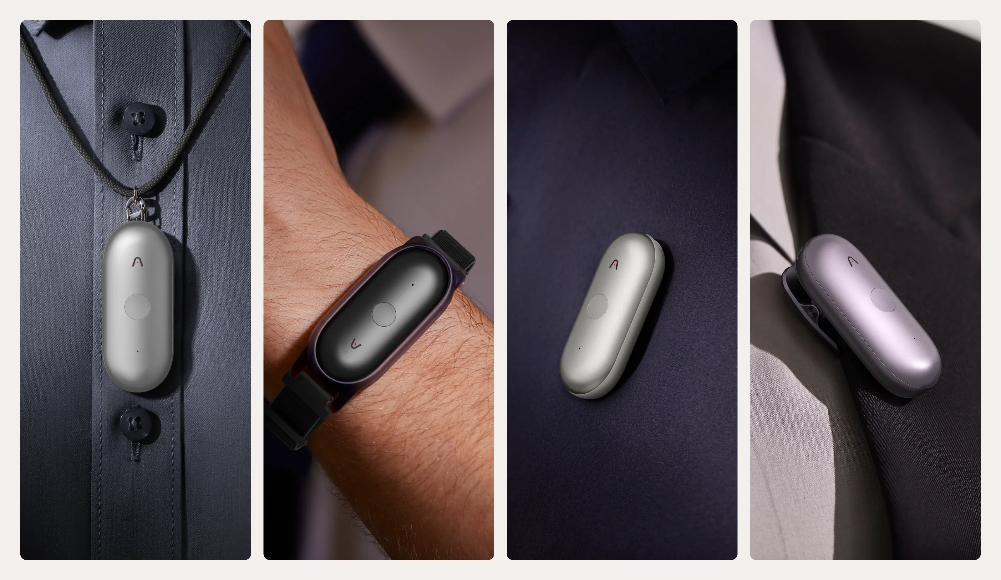 Four ways to wear a Plaud NotePin S: on a lanyard, on a wrist strap, clipped to a shirt, and clipped to a coat.